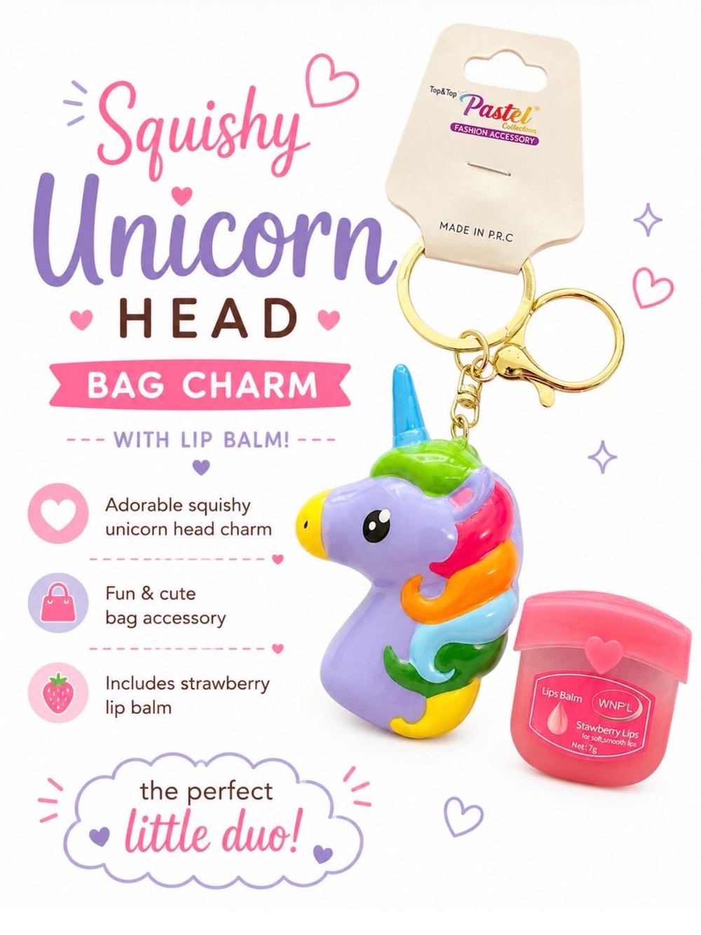 SQUISHY UNICORN HEAD KAWAII BAG CHARM KEYCHAIN & LIP BALM SET